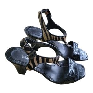 VanEli, 9M, Black crocco patent and zebra high, block heel sandal